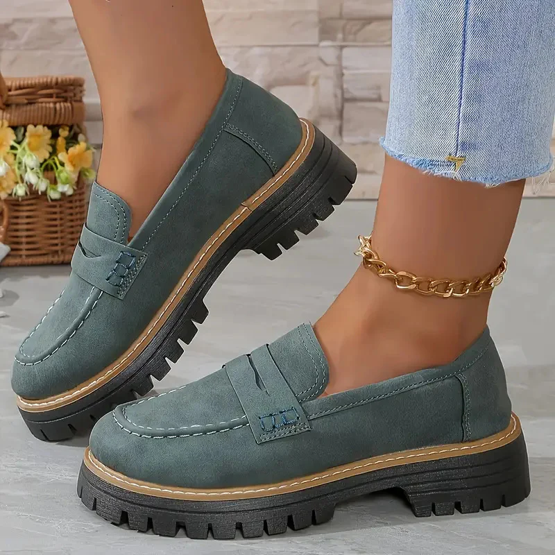 Women's Plus Size Casual Retro Suede Loafers with Chunky Heel Platform