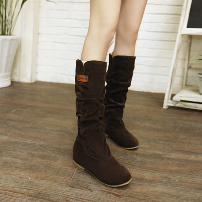 Women's Western Lace Mid-Calf Boots - Crinkle Suede Slouch Cowboy Boots