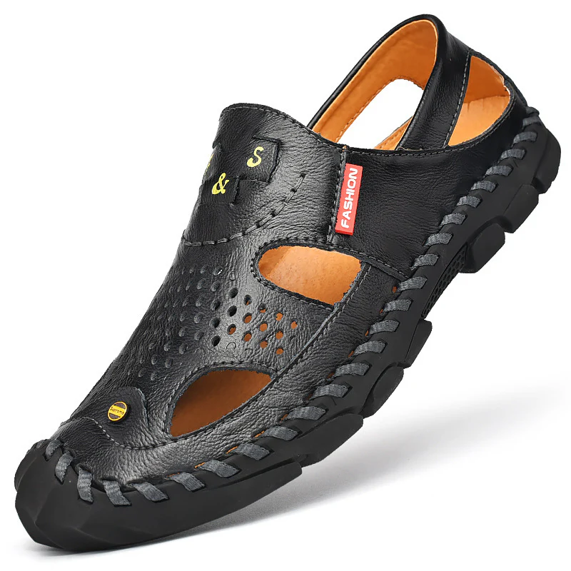 Flow Men’s Genuine Leather Summer Clogs – Breathable Closed-Toe Soft Sole Casual Beach Sandals