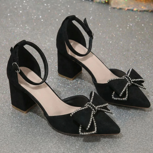 Women’s Bowelle Crystal Pointed Toe Buckle Heels – Hollow Closed Toe Bow High Heels