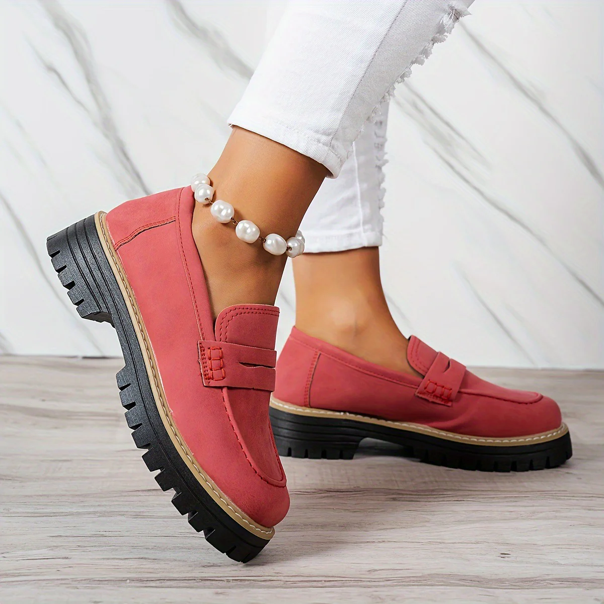 Women's Plus Size Casual Retro Suede Loafers with Chunky Heel Platform