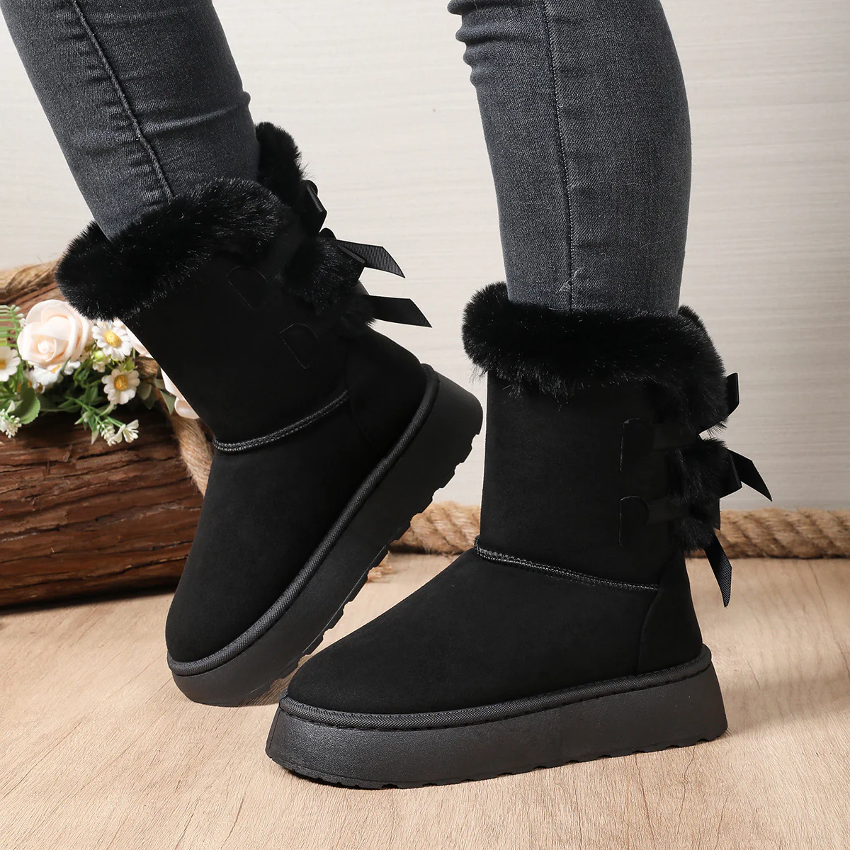 Women’s CozyBow Short Snow Boots – Fleece-Lined Warmth & Anti-Slip Platform